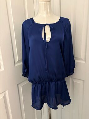 OXFORD & REGENT, Elegant Royal Blue Tie-Neck Peasant Blouse Dress, Size S